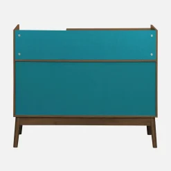 Zweifarbiger Vintage Schallplattenschrank mit Holzdekor und farbigem Hintergrund 100cm