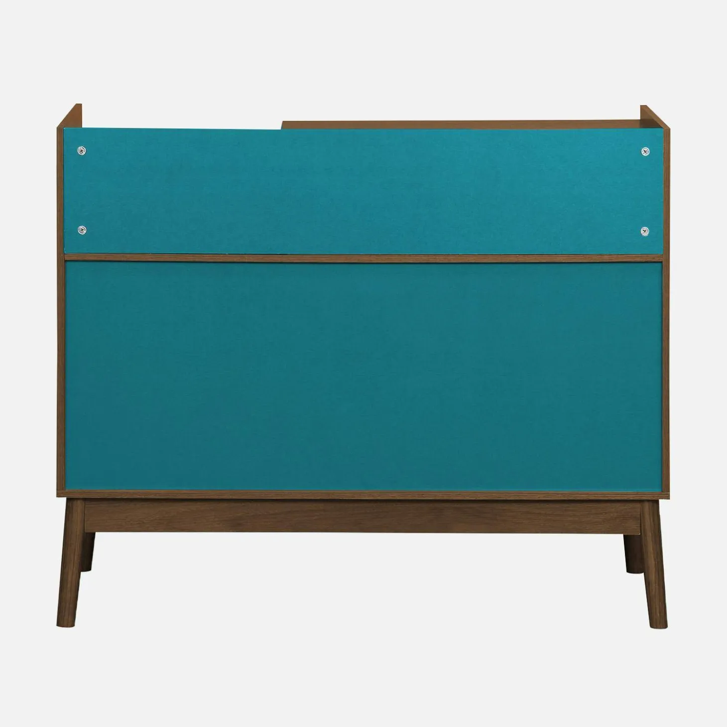 Zweifarbiger Vintage Schallplattenschrank mit Holzdekor und farbigem Hintergrund 100cm